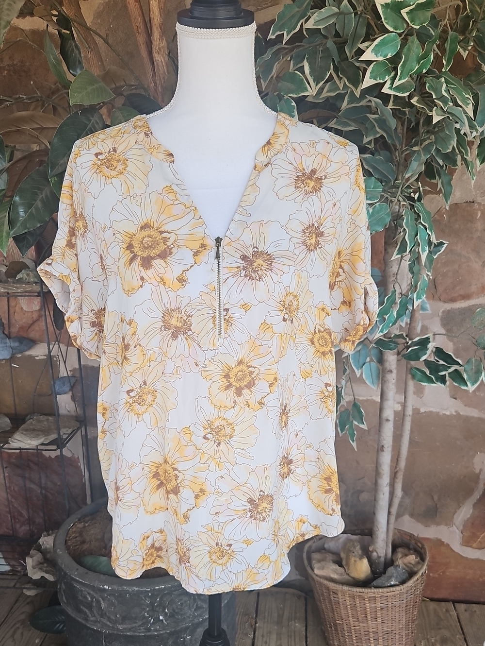 Maurices Cream Blouse with Yellow Floral Print and Front Zip
